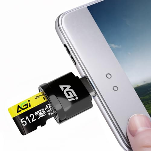 AGI TF138 Carte microSD 3 en 1 512 Go avec lecteur USB-C et adaptateur SD, carte mémoire V30 U3 A2, sauvegarde Plug & Play pour téléphone, appareil photo et ordinateur portable