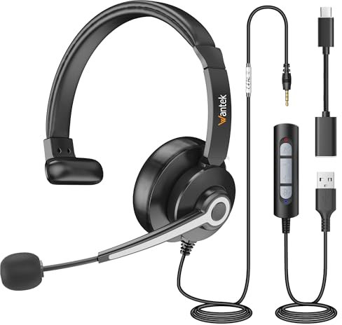 Wantek Cuffie USB con microfono per computer portatile - Cuffie per computer con microfono Cancellazione del rumore - Business Office Cuffie da lavoro con controllo del volume in linea e muto