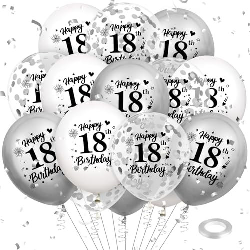 Luftballon 18. Geburtstag Deko 18 Stück Weiß Silber Ballons-18 Jahre Geburtstagsdeko Happy Birthday Deko Latex Konfetti Ballon für Männer Frauen 18. Jubiläum Geburtstag Party Dekoration 12Zoll
