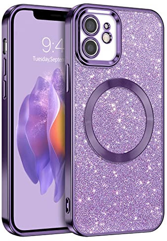 GaoBao for iPhone 12 Magnetic Case, Slim Fit iPhone 12 Phone Case [Compatible with MagSafe] Fashion Sparkle Luxury Shockproof Anti-Slip Women Girl Bling Phone Cover for iPhone 12 6.1, Glitter/Purple