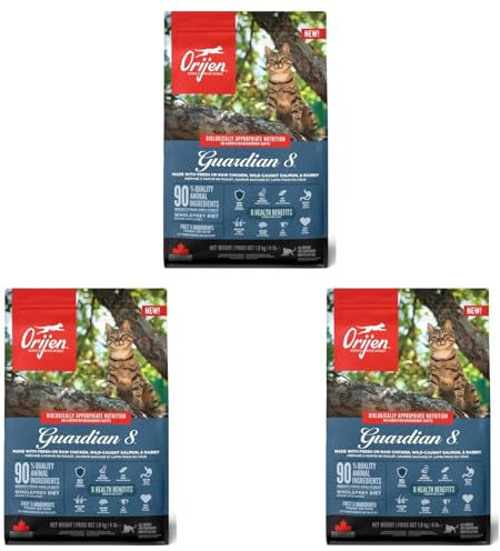 Orijen Guardian 8 | 3er Pack | 3 x 340 g | Trockenfutter für ausgewachsene Katzen | 90% tierische Zutaten | Mit frischem oder rohem Geflügel- und Fischzutaten