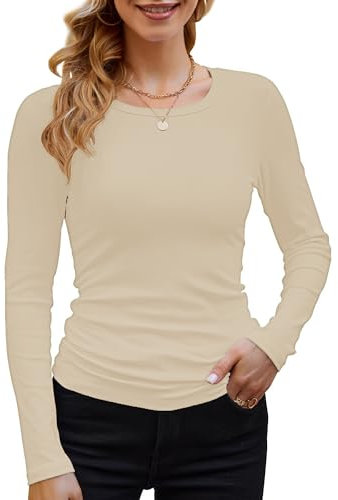 DUOEASE Langarmshirt Damen Basic Longsleeve Elegant Langarm Oberteile Rippshirt Tshirts Tops（Cremeweiß,S