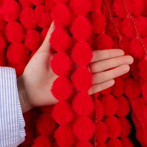 Whakano 1m Kunstpelz Pompons Borte zum Nähen Basteln,Groß Spitzenband 3cm Bommel Fringe Trim,Poms Fransenborte Zierband Dekoborte,für DIY Basteln Kleidung,Vorhänge,Kostüme,Nähen Dekoration,Rot