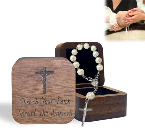 Meine Erste Rosenkranz und Andenkenbox, Baby Rosenkranz Taufe Taufgeschenk für Mädchen oder Jungen, Katholisch Baby Shower Erstes Heiligen Kommunion Geschenk, Walnussholz Baby-Erinnerungskiste