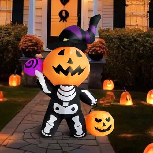 OHMG 180cm Halloween Aufblasbar Dekoration mit LED-Lichtern,Halloween Deko Aufblasbarer Kürbis Spinne GeisterschädelSchilder für Außenbereich Halloween Deko Outdoor Hausgarten Rasen Garten Party