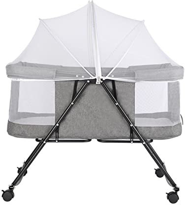 HUOLE 2 in 1 Baby Bett mit Rollen, Matratze, Beistellbett Baby und Freistehendes Kinderbett, Nachttisch Baby Krippe Faltbar,Stubenwagen Bett Netz106*92 * 55cm-grau