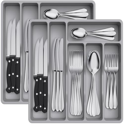Lifewit Organizador de Cubiertos, pack de 2, Bandeja Cubiertos Cajon Cubertero para Cajón para Menaje, Cocina Organizador de Cubertería Compacto para Cucharas Tenedores, 6 Compartimentos, Gris