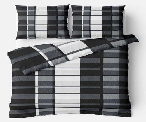 Leonado Vicenti Fleece Bettwäsche Set Kuschelig Warm Weich Schwarz Grau Weiß Kariert Ornamente Reißverschluss Winterbettwäsche, 200x200 cm, 3 teilig