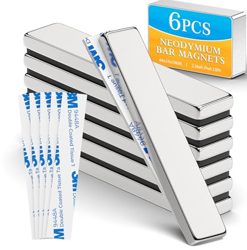 Grtard 60x10x3 mm Neodym Magnete Extra Stark, Starke Stabmagnet, Magnetstreifen, Seltenerdmagnete mit Doppelseitigem Klebemittel, Kühlschrankmagnet für Mehrfachnutzung (Silver, 6 Stück)
