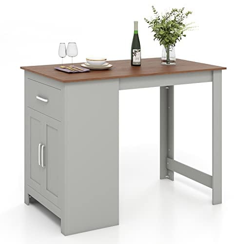 Schmaler rechteckiger Bartisch mit Schublade, 3 Positionen, verstellbares Regal, hoher Küchentheke, Schreibtisch für Kneipe, Esszimmer, Wohnzimmer, Grau + natürliches Finish