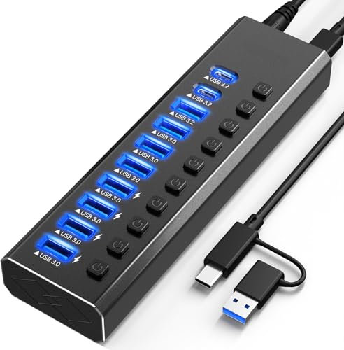 Powered USB Hub 3.2, 10-Port USB 3.2/USB C Hub (10Gbps USB-A 3.2 +2 USB-C 3.2 +7 USB 3.0 Ports) mit individuellen EIN/Aus-Schaltern und 12V Power Adapter, Aluminium USB Hub Powered für Laptop PC