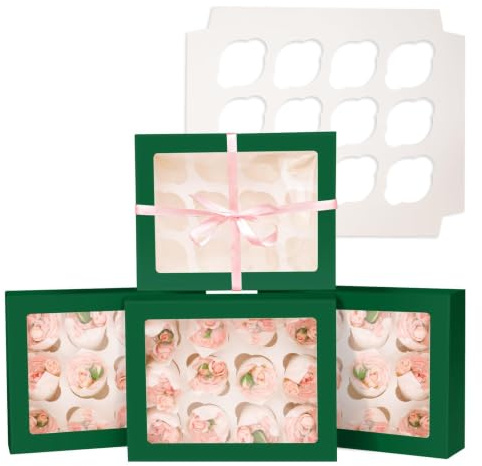 Gcardist Automatischer Popup 12 Cupcake-Boxen mit Fenster Tiefes Grün 6 Stück 33x25,4x9cm Bäckerei-Boxen für Cupcake-Träger, Cupcake-Behälter(13×10×3.5 inch)