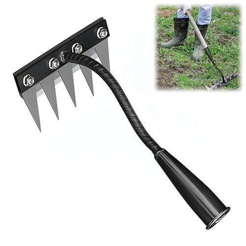 Herramienta de rastrillo multidientes – 5/6/7/8 púas de acero | Azada de jardín resistente a la corrosión para macizos de flores, suelo compacto, huertos (mango no incluido) (5 dientes)
