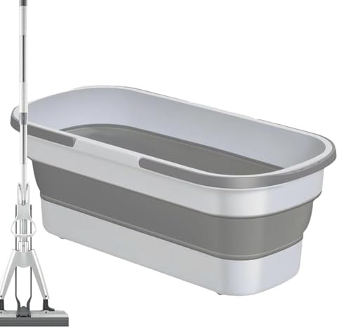 Long Mop Bucket, Folding Mop Bucket with Wheels 2 Handles, 12L/3.17 Gallon Multiple Purpose Cleaning, Portable Fishing Camping Silicone