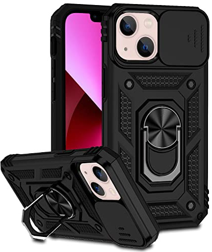 IMEIKONST for iPhone 13 Mini / 12 Mini Case with Ring Kickstand Black JXT | Slide Camera Cover, Military Grade Shockproof Protective, Hard PC + TPU Bumper, Supports Magnetic Car Mount