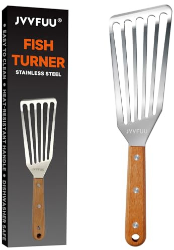 JVVFUU 11 Stainless Steel Fish Turner Spatula, Slotted Wood Handle | For Non Stick Pans, Grilling Salmon, Flipping Eggs & Pancakes; Heat Resistant, Easy Clean Kitchen Tool