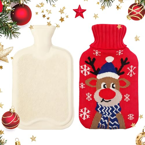 Knitted Cover Hot Water Bottle Set 2L - Christmas Reindeer Theme | Natural Rubber Leakproof Bottle for Pain Relief, Feet Warming (UK) (A)