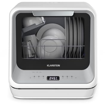 Klarstein Amazonia Mini Geschirrspüler – Kompakte Tischspülmaschine mit Wassertank, 7 Programme, 5L, Digitalanzeige, Leise 58dB, Energieeffizienzklasse D, Tragbar für kleine Küchen & Reisen, Silber