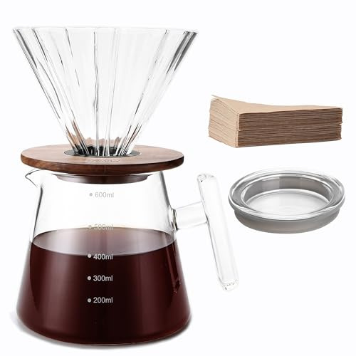 Lalord Pour Over Coffee Maker, 600 ml Borosilicate Glass Set with 100 pcs Paper Filter, Walnut Collar & Glass Lid, Drip Coffee Maker, 1-3 Cups, Clear (glass handle)