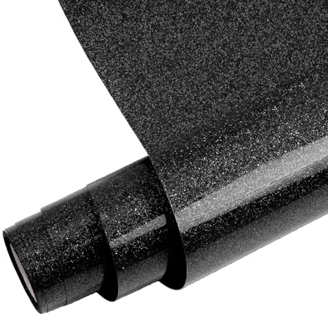 FORBELL Glitzer Plotterfolie Textil, 30.5cm×1.5m Transferfolie textil für DIY-T-Shirts, Kleidung und Textilien (Glitzer Schwarz)