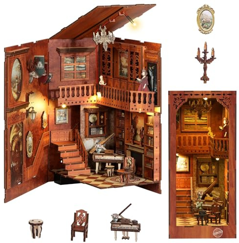 MoKo Book Nook Kit, 3D-Holzpuzzle Buch Nook mit LED-Leuchten, DIY-Miniaturhaus-Bausatz, Buch-Nook Dekoration Geschenke für Erwachsene, Familie