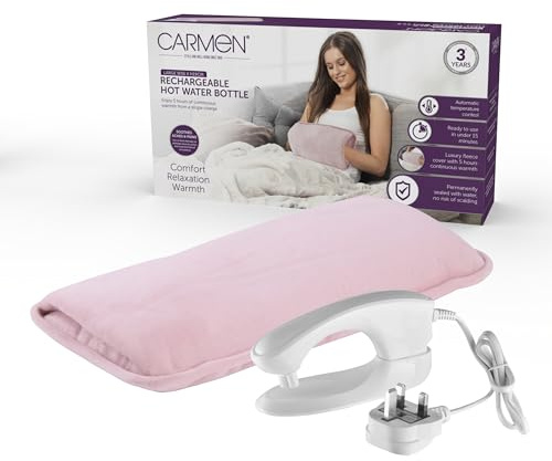 Carmen Large Rechargeable Hot Water Bottle, Soft Touch Fleece Cover, Hand Warmer, Automatic Temperature Control, W36cm x H19cm, Pink