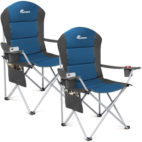 SUNMER Padded Camping Chairs - Set of 2 Deluxe Folding Chairs with Cup Holder and Side Pockets - Holds up to 120kg - Lightweight 3.3kg per Chair - Professional Outdoor & Garden Seating - Dark Blue