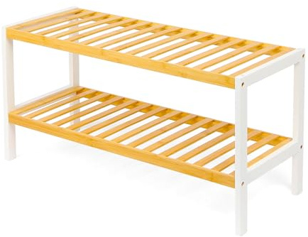 Topvaleur 2 Tier Bamboo Shoe Rack Wooden Shoes Storage Unit, Shoe Organiser with Shelves, Wardrobe Storage, Small Shoe Rack and Boot Organiser, Shoe Storage Bench (White/Natural)