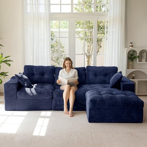MAXYOYO Sofa mit Schlaffunktion, Ecksofa L Form Cordstoff 264x171 cm Cord Couch Wohnzimmer Schlafsofa mit Ottomane Universal Easy Clean & Pet Friendly,Keine Montage （Dunkelblau）