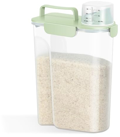 5L Rice Storage Container with Measuring Cup Food Bin for Kitchen Cabinet | Transparent Durable BPA-Free Plastic Cereal Container, Portable Container with Handle,Large Pouring Spout