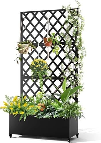 Hapihom Blumenkasten mit Sichtschutz, 120x40x180cm Pflanzkasten mit Rankgitter, Drainagelöchern & Feststellbaren Rollen, Rankhilfe aus Metall für Innen & Außen, Garten, Terrasse und Balkon - B