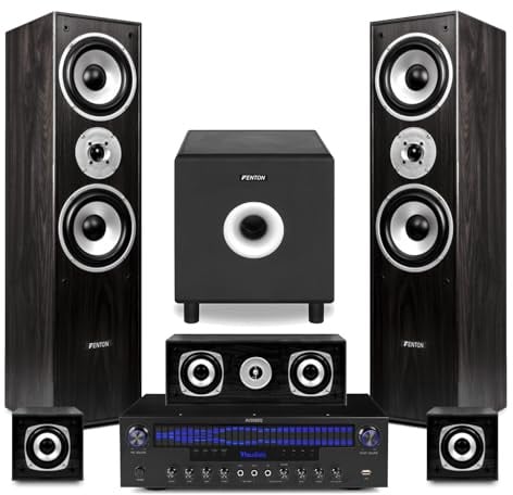 Fenton 5.1 Surround Sound Home Theatre System with Subwoofer, Amplifier & Cables, 1150W, Bluetooth, Optical & RCA In, HiFi Speakers – Complete Cinema Audio Kit for TV, Music & Karaoke