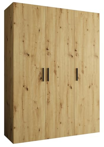 MEBLE KRYSPOL - Kleiderschrank - Garderobenschrank - 150 cm x 202 x 52 cm - Schrank mit Kleiderstange, 3 Türen - für Schlafzimmer, Flur - BARI, Artisan-Eiche, Griff Schwarz