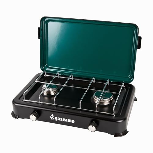 Gazcamp 2-Flammen Gaskocher, Campingkocher, 2,9 kW, 50 mbar, Schwarz mit Grünem Deckel, 49 x 33 x 11 cm, Propan Butan, CE-Geprüft, Krisenvorsorge oder Campingküche