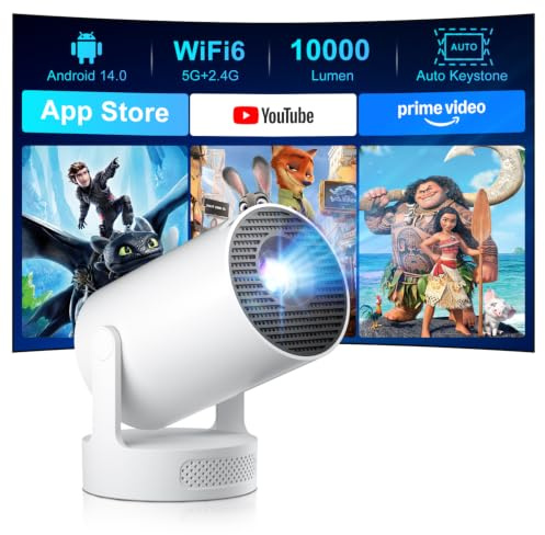 2026 Salange Mini Beamer 4K 1080P Unterstützt,Smart Projektor Android 14.0 | Tragbarer Beamer mit WiFi6 und Bluetooth 5.4 Integrierter App Store, Handy Klein Outdoor,Kompatibel mit iPhone Android Phones