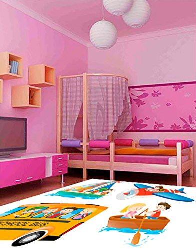 Kinderteppich Kinder in Flugzeug Boot Segelboot und schoollbus Fonds weiß PVC verschiedene Maßnahmen | Kinder Matte PVC | Boden vinílico für Kinder 95 x 200 cm