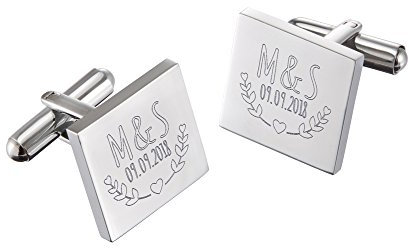 Mondgold Quadratische Manschettenknöpfe aus Edelstahl mit Blätter Gravur, Personalisiert mit Initialen und Datum, Anzug Accessoires, Herren Schmuck