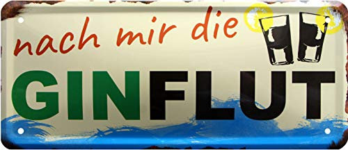 WOGEKA ART Retro Blechschild - Nach mir die Gin Flut - Gin Tonic - witziger Spruch als Geschenk-Idee zum Geburtstag Weihnachten zur Dekoration 28x12 cm Vintage-Design Metall 1542