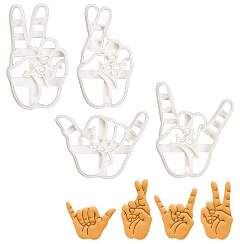 bakerlogy 4er Set Handzeichen Ausstechformen (Victory, Hörner, Gekreuzte Finger, Shaka), 4 Teil