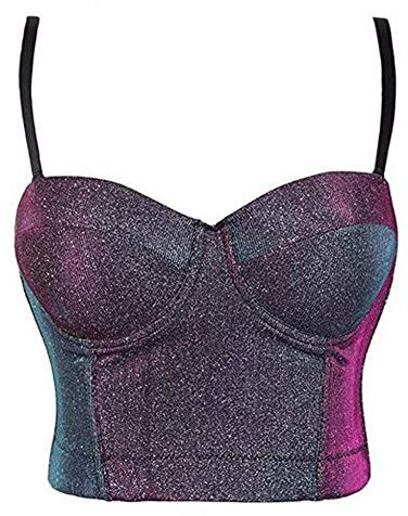 Woboren Damen Glitter Push Up Bustier Lace Crop Top Gothic Punk Korsett Clubwear Party BH with Detachable Strap (Viola, M)
