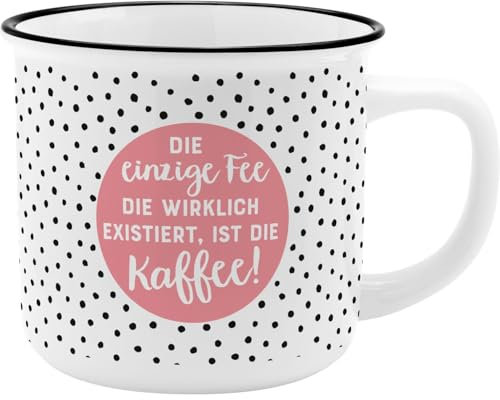 GRUSS & CO Becher Motiv Kaffee Fee | New Bone China Porzellan, Emaille-Optik, 35 cl | Geschenk lustig | 46976