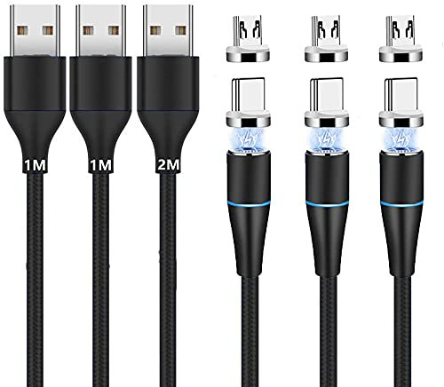 Magnetisches Ladekabel (1m+1m+2m,3 Stück) USB C/Typ C/Micro USB 2-in-1 Magnet USB Kabel 3A Schnellladung und Datensynchronisation LED Ladekabel Kompatibel mit Alles Android Phone Smartphone Tablet