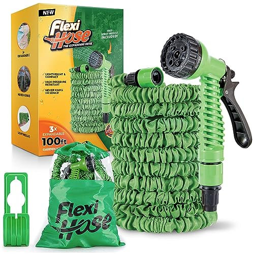 Flexi Hose Expandable Garden Hose - 100FT Heavy Duty Water Hose, Retractable Hose with 3/4-Inch Solid Brass Fittings - Expandable Hose Design & Spray Nozzle Included - Green, 30 Metres