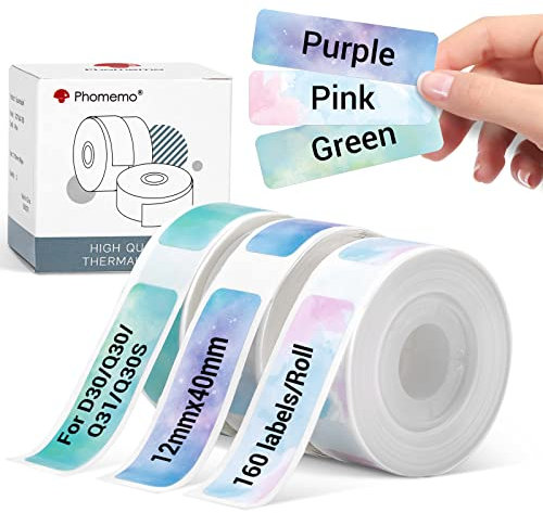 Phomemo D30 Etiketten, Sternenhimmel Etiketten Kompatibel mit Colorwing Q30 Etikettiergerät, Phomemo Etikettendrucker D30 Q31 Q30S, 12mm x 40mm, 160 Etiketten/pro Rolle, 3 Rollen