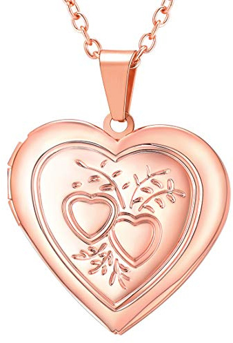 U7 Collana Donna Foto Personalizzata Pendente Medaglione Cuore Due Cuori Locket Ciondolo Portafoto + Catena Regolabile, Placcato Oro Rosa, Regalo Perfetto con Confezione