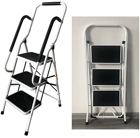 Scaletta pieghevole a 3 gradini, in acciaio con corrimano, antiscivolo, per uso domestico, stabile e pieghevole, per casa e cucina, portata fino a 150 kg