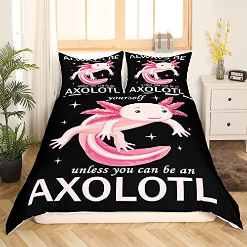 Axolotl Bettwäsche Set 135 x 200 cm Cartoon Tier Bettwäsche für Kinder Mädchen Jungen Frauen Kawaii Axolotl Bettbezug Aquatic Reptile Axolotl Bettbezug dekor 2 Stück mit 1 Kissenbezug schwarz