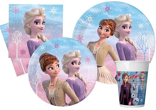 Ciao-Kit Table Fête Party Disney Frozen II Wind Spirit 24 personnes (112 pcs: assiettes, gobelets, serviettes) Vaisselle, AZ008, Bleu ciel, Violet, Rose