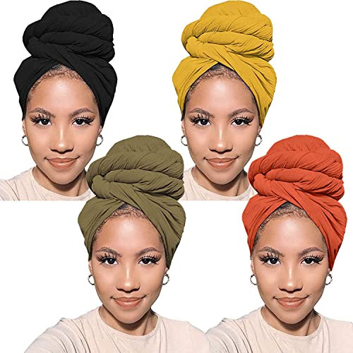 XTREND 4 Pieces Stretch Head Wrap Hair Scarf Headband Jersey Turban Knit Headwraps Urban Hair Wrap Solid Color Ultra Soft Extra Long Breathable Tie for Women(Black, Army Green, Turmeric, Orange)