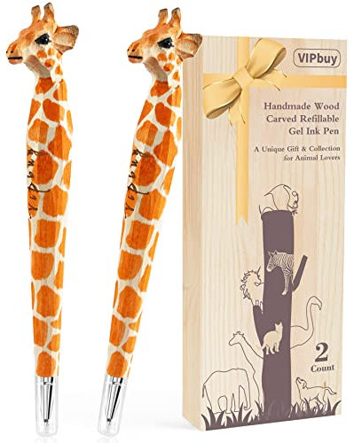 VIPbuy 2 Stück 100% handgefertigte, holzgeschnitzte, nachfüllbare Gel-Tintenstifte, Neuheit, nachfüllbare Schreibstifte, Büro, Schulbedarf, Geburtstag (Giraffe)